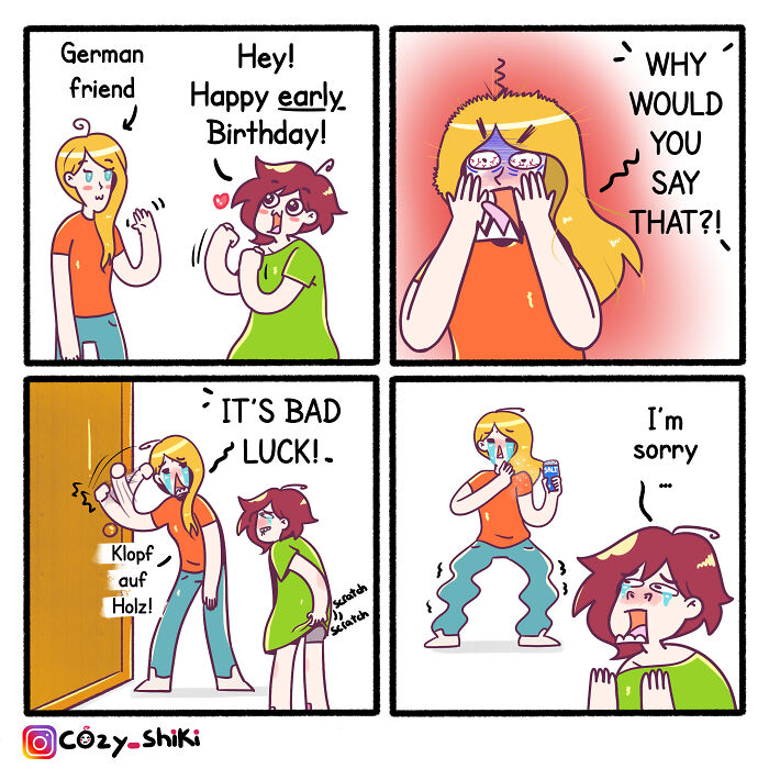 Relatable comic of friends discussing birthday superstitions and bad luck.