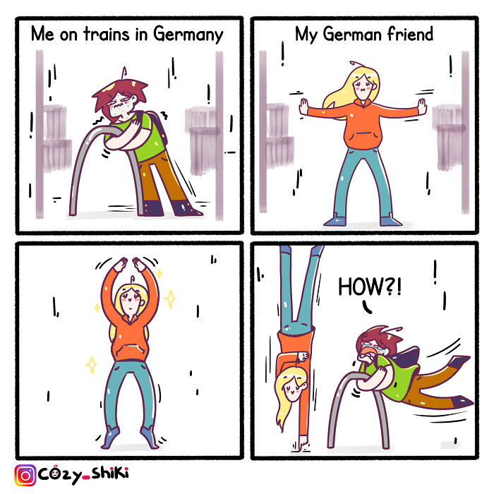 Comic about everyday life: a person struggles on a train, while their friend performs a handstand effortlessly.