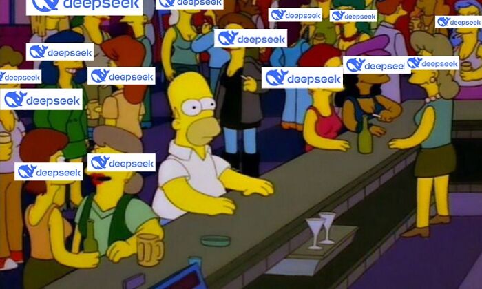 Homer Simpson in a bar surrounded by people with "DeepSeek" logos on their faces, highlighting AI chatbot chaos.