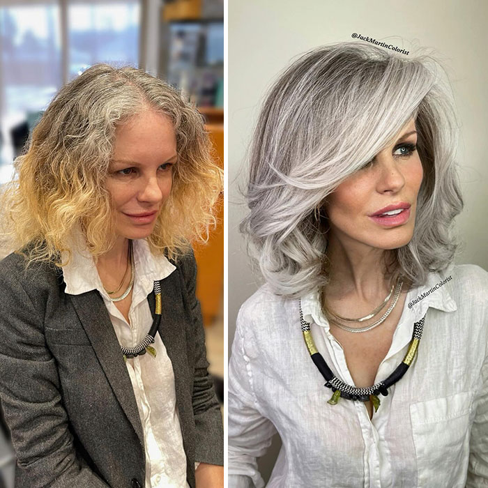 Woman before and after embracing gray hair transformation by celebrity hair colorist Jack Martin.