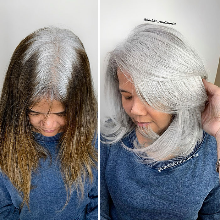 "Before and after embracing gray hair transformation by Jack Martin; woman with dyed brown hair to elegant silver gray."