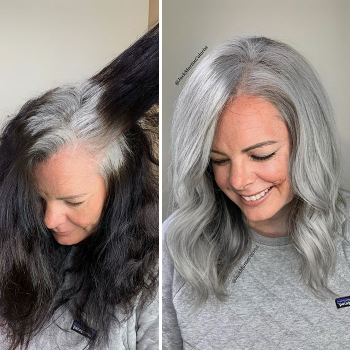 Before and after embracing gray hair transformation by celebrity hair colorist Jack Martin.