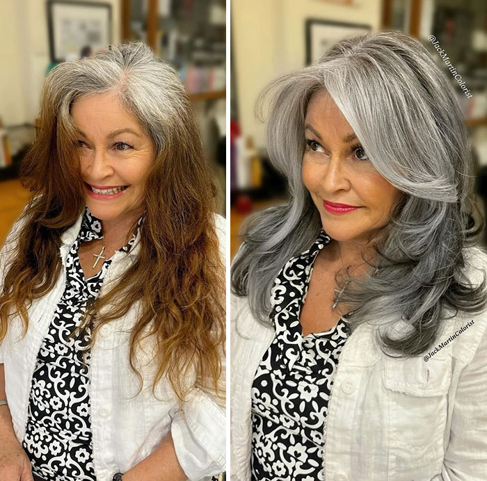 Woman before and after gray hair transformation by celebrity hair colorist Jack Martin, wearing a black and white outfit.