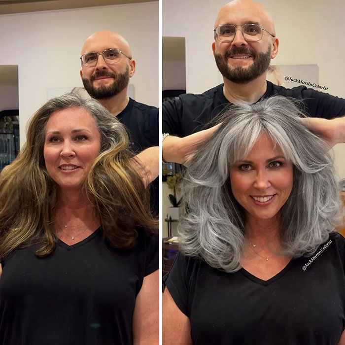 Woman before and after embracing gray hair transformation with celebrity colorist Jack Martin.
