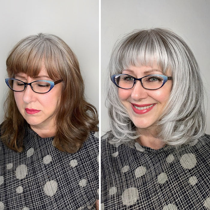 "Woman embracing gray hair before and after transformation by celebrity hair colorist Jack Martin."
