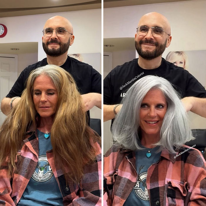 Woman before and after embracing gray hair transformation with colorist, showcasing vibrant silver look.
