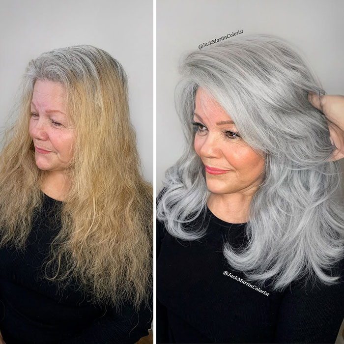 Woman before and after embracing gray hair with colorist Jack Martin, showcasing dramatic hair transformation.
