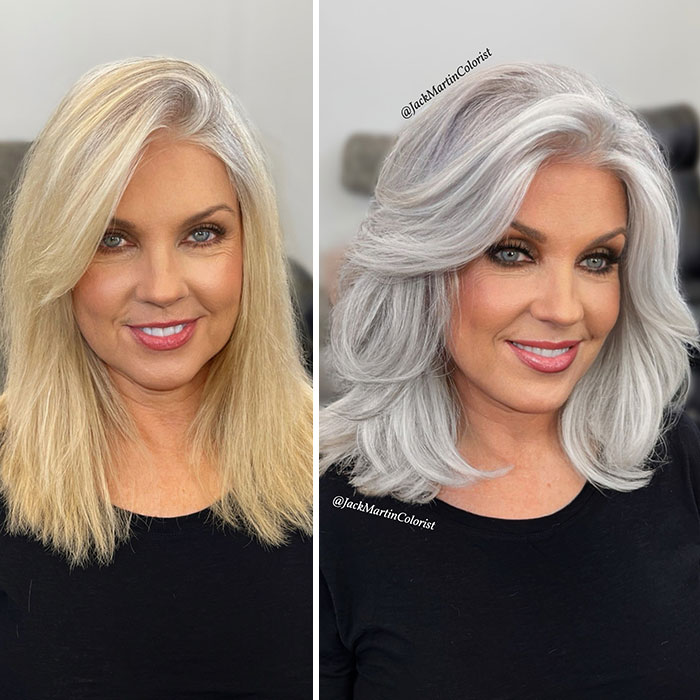 Woman before and after embracing gray hair, styled by celebrity hair colorist Jack Martin, showcasing a transformation.