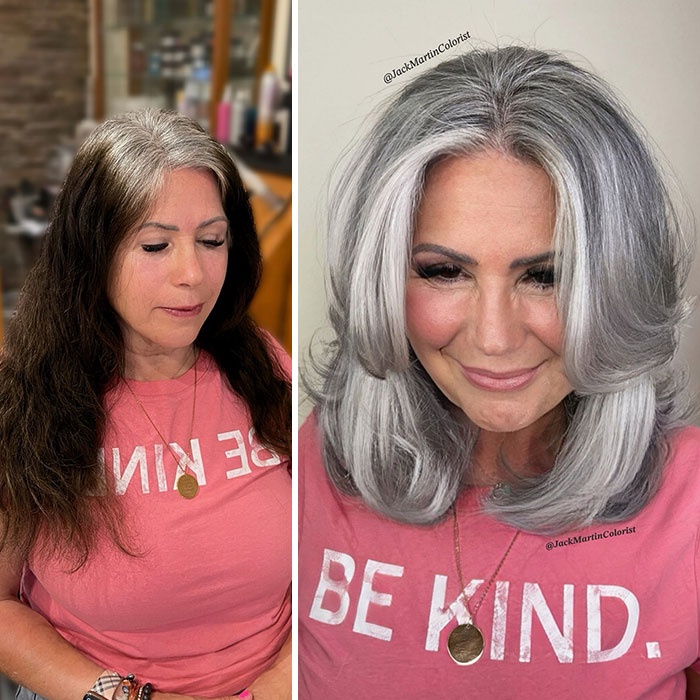Woman embracing gray hair transformation with Jack Martin, wearing a pink "Be Kind" shirt, before and after images.