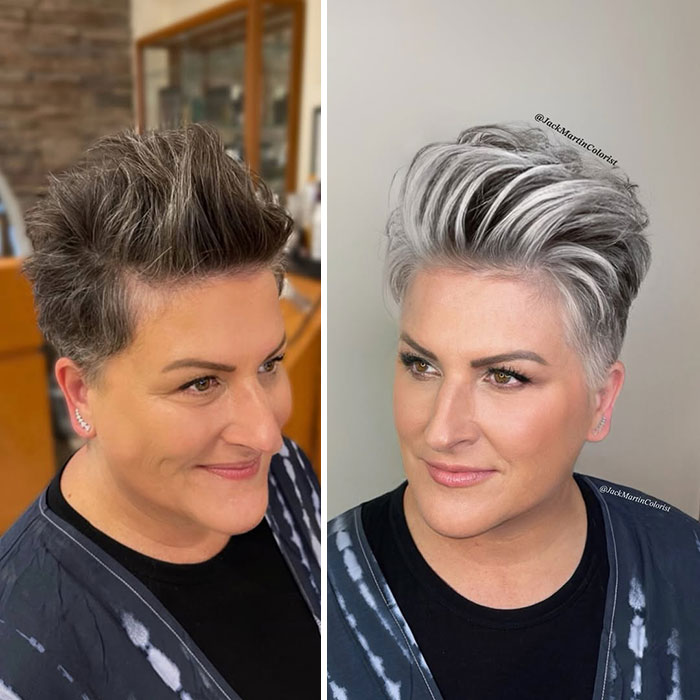 Woman embracing gray hair transformation styled by celebrity hair colorist Jack Martin.