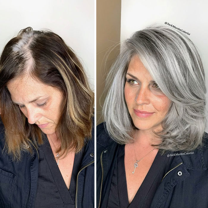 Before and after transformation of a woman embracing gray hair, styled by celebrity hair colorist Jack Martin.
