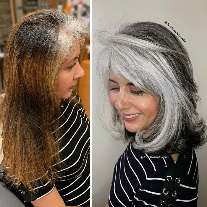 Woman before and after embracing gray hair transformation by celebrity hair colorist Jack Martin.