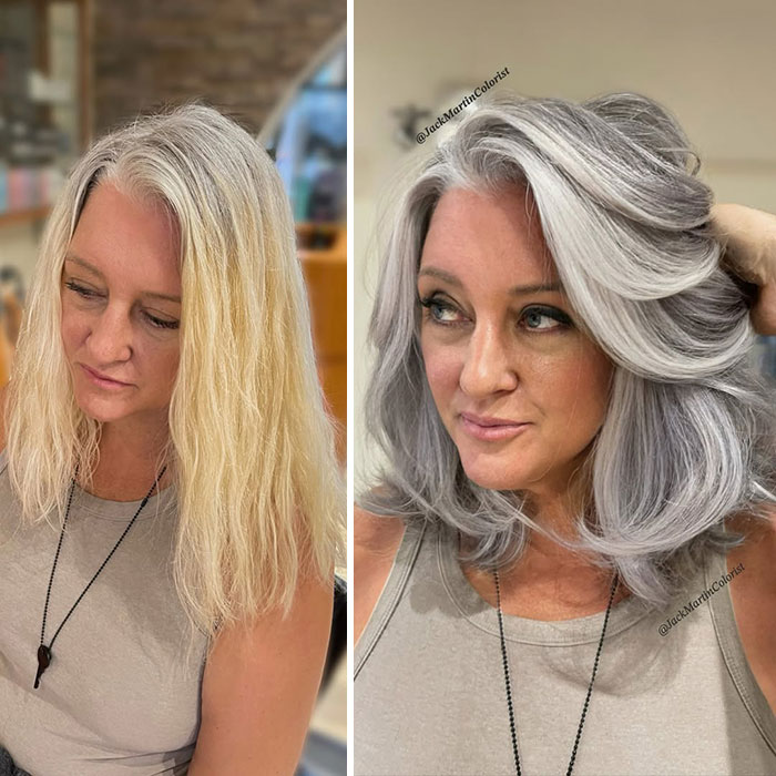 Woman's hair transformation with Jack Martin, showing before with blonde hair and after with styled gray hair.