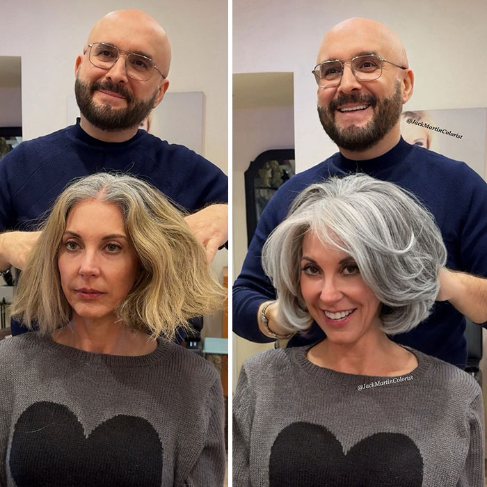 Woman before and after embracing gray hair with hair colorist Jack Martin, showcasing a transformation to gray hair.