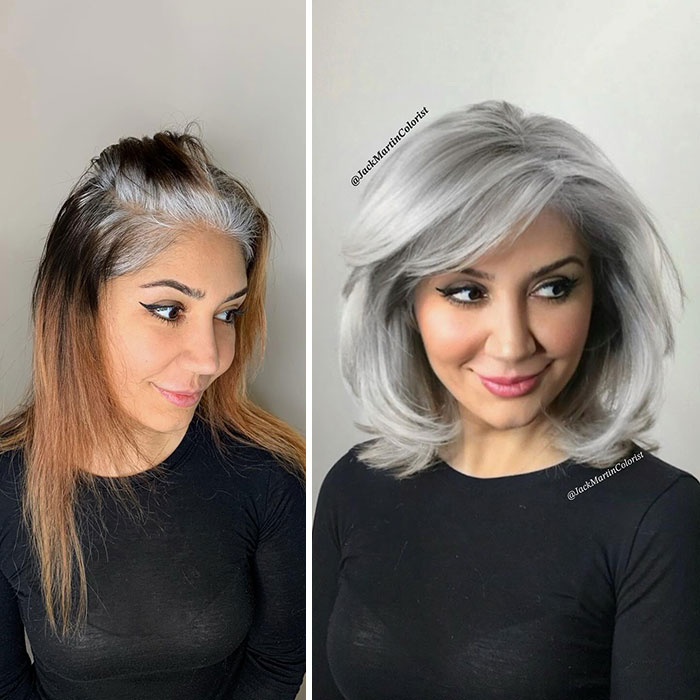 Woman before and after embracing gray hair transformation by celebrity hair colorist Jack Martin.