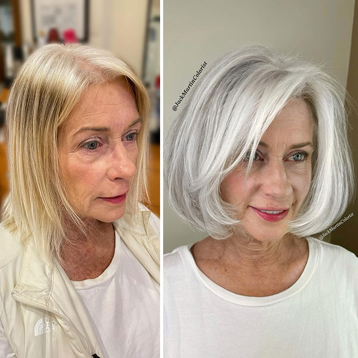 Woman before and after embracing gray hair, styled by celebrity hair colorist Jack Martin.