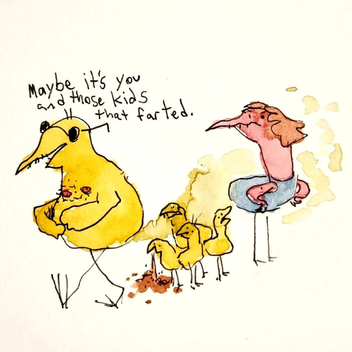 Goofy and disturbing illustration showing Kyle Beaudette's dark humor with quirky characters and a humorous dialogue.