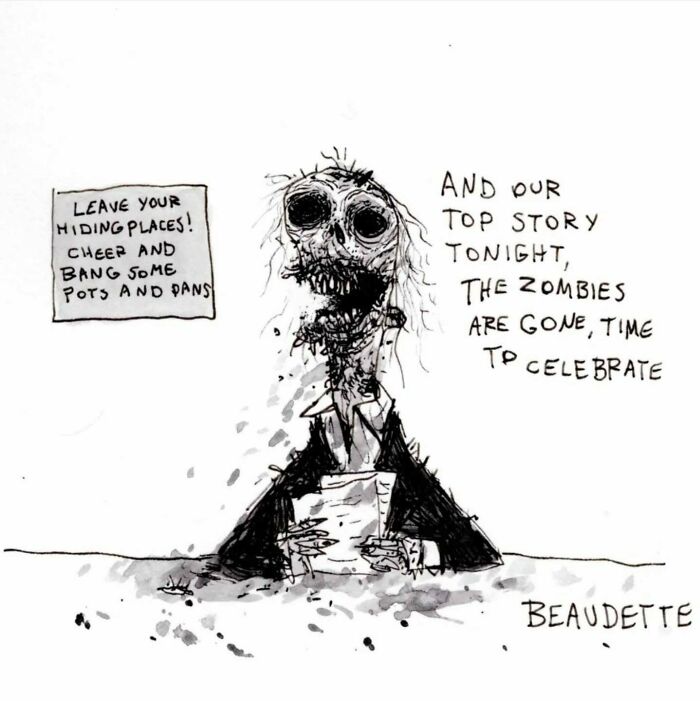 Goofy yet disturbing illustration by Kyle Beaudette, featuring a zombie news anchor with a humorous announcement.