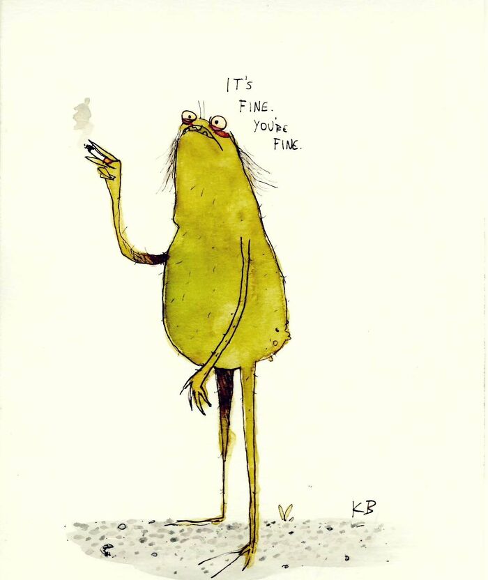 A quirky green creature with a cigarette, showcasing Kyle Beaudette's dark humor.