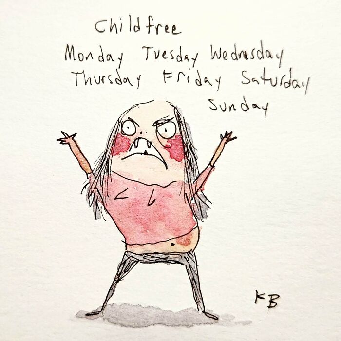 Goofy illustration by Kyle Beaudette, featuring a character celebrating being childfree all week.
