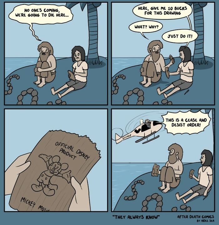Weird comic by artist features two men on an island, joking about a Disney drawing and cease and desist notice.
