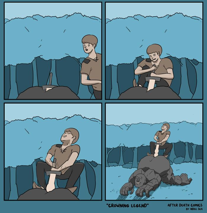 Comic by artist featuring a person pulling a sword from a stone, revealing a hidden figure.