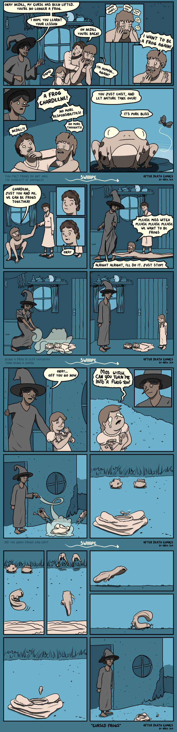 Comical illustration of a witch transforming a man into a frog, featuring humorously weird scenes.