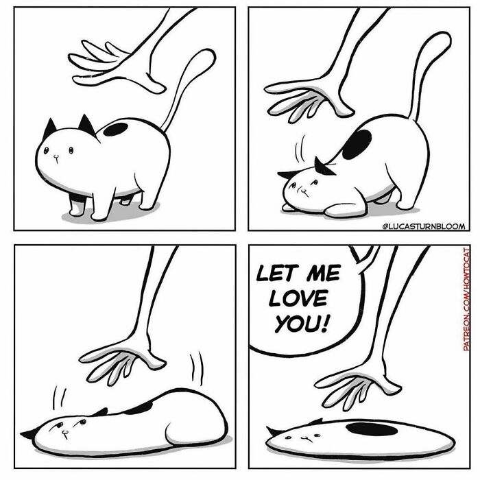 Comic of a person reaching to pet a cat, which flattens and resists, with the text "LET ME LOVE YOU!"