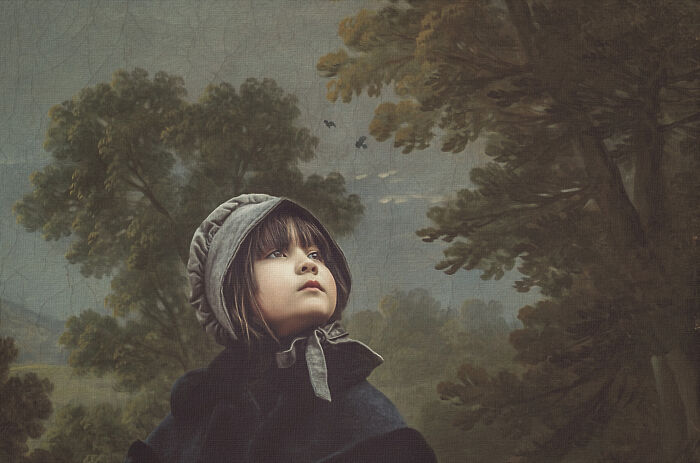 A creative photo of a child in vintage clothing, looking up amidst a serene forest backdrop.