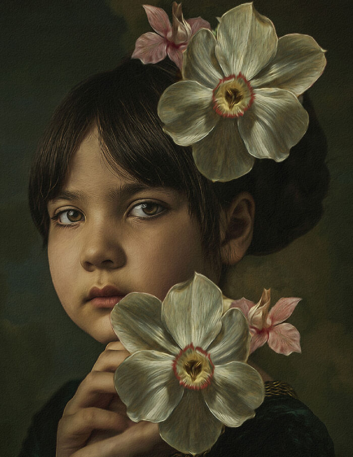 Creative photo of a child with large flowers, capturing a dreamlike and artistic atmosphere.