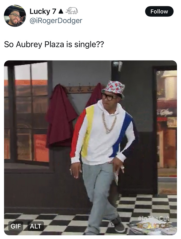 Man dancing humorously in a room, referencing Aubrey Plaza's single status in a tweet. Man dancing humorously in a room, referencing Aubrey Plaza's single status in a tweet.