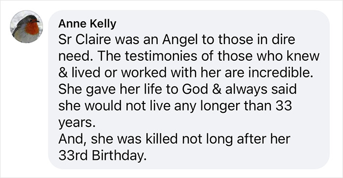 Comment about Sr Claire's impact and her angelic nature, highlighting her devotion and untimely death at 33. Comment about Sr Claire's impact and her angelic nature, highlighting her devotion and untimely death at 33.