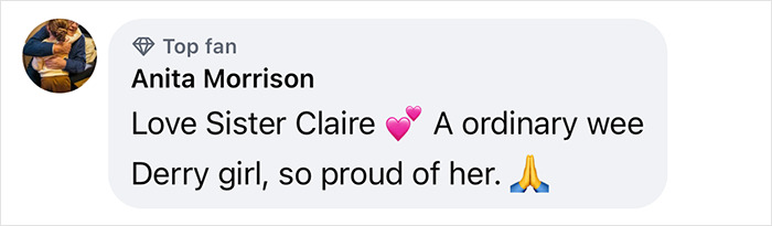 Comment by Anita Morrison praising Sister Claire, with heart and prayer emoji. Comment by Anita Morrison praising Sister Claire, with heart and prayer emoji.