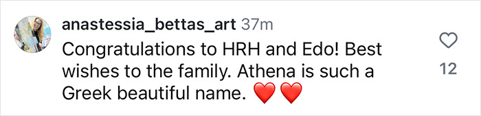 A congratulatory Instagram comment on Princess Beatrice's daughter Athena's name.