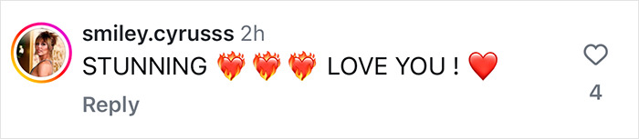 Fan comment praising Miley Cyrus' stunning transformation with heart emojis.