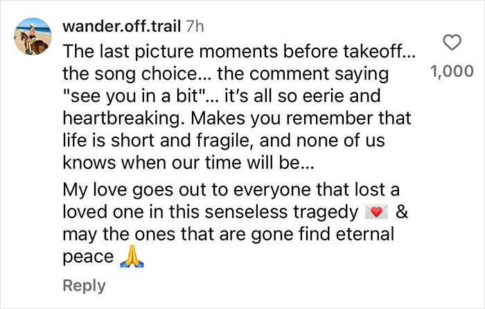 Emotional tribute comment sharing thoughts on life and loss, reflecting grief over teen skaters' tragic plane crash.