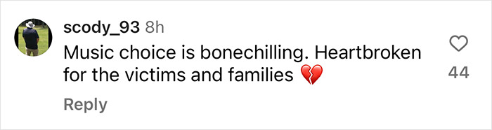 Instagram comment mentioning "bonechilling" and expressing heartbreak for victims and families with a broken heart emoji.