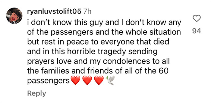 Condolence message from a user expressing grief over teen skaters and tragic DC plane crash.
