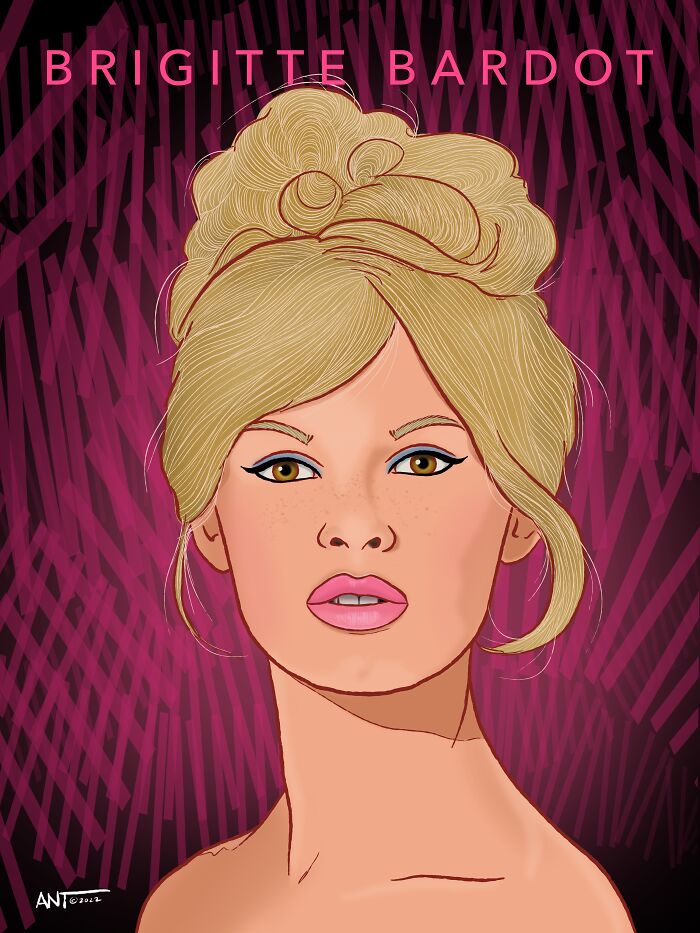Digital drawing of Brigitte Bardot as one of Hollywood’s timeless symbols of attraction, with detailed facial features and golden hair.