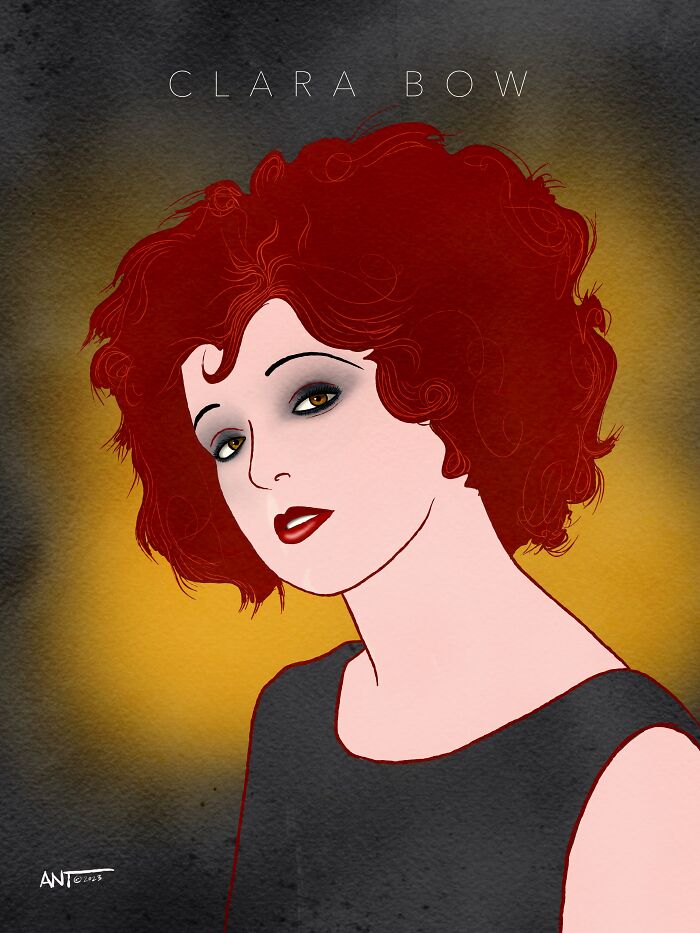 Drawing of Hollywood's timeless symbols of attraction featuring Clara Bow with red hair and dramatic makeup on a dark background