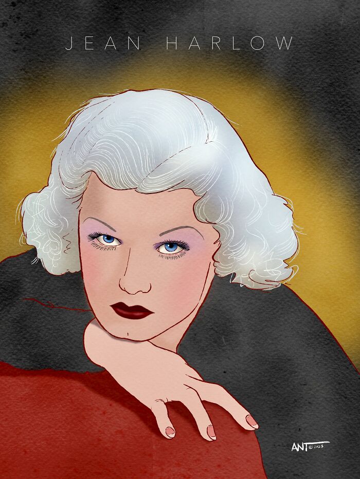 Drawing of Hollywood's timeless symbols of attraction featuring Jean Harlow with platinum hair and striking blue eyes.