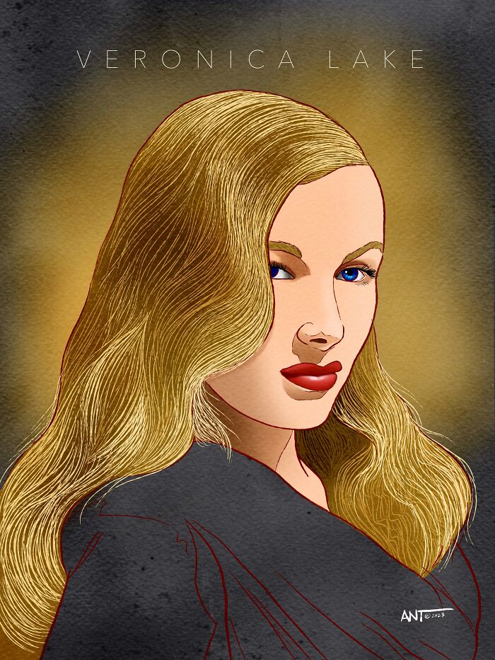 Illustration of Hollywood's timeless symbol Veronica Lake with golden hair and striking blue eyes, showcasing classic attraction style.