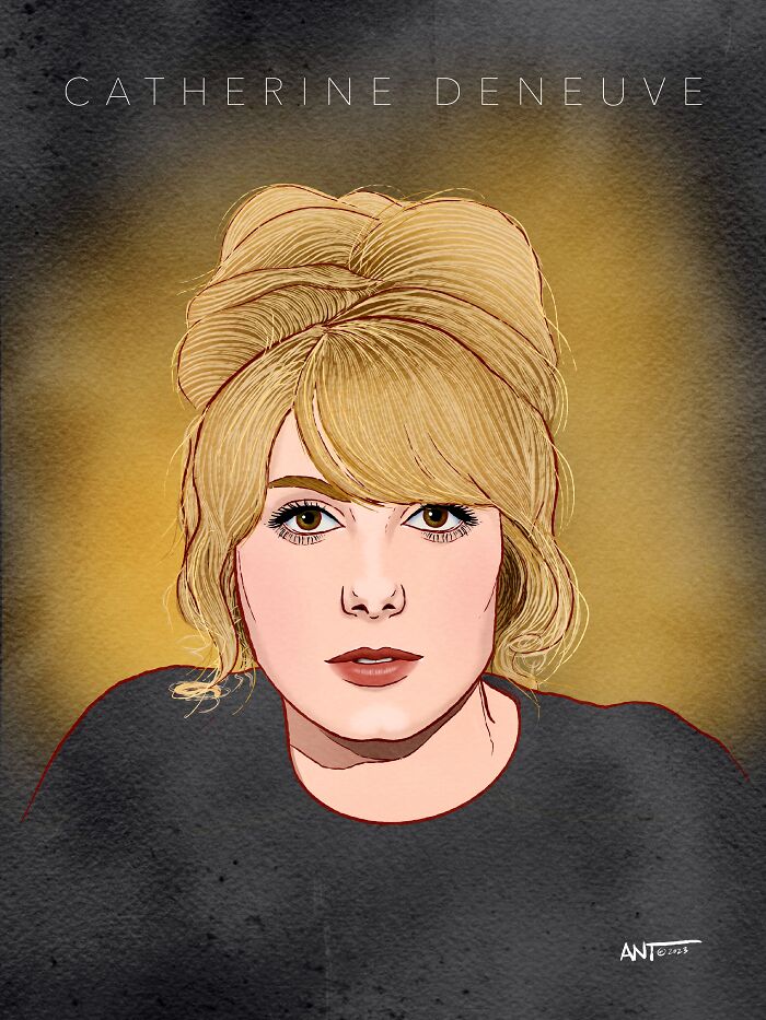 Digital drawing of Catherine Deneuve, one of Hollywood's timeless symbols of attraction, with detailed facial features and blonde hair.