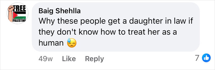 Facebook comment questioning the treatment of a bride in an arranged marriage.