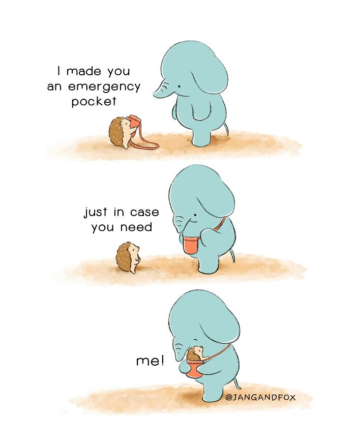 Wholesome comic by Joanne Ang featuring a cute elephant giving a hedgehog an emergency pocket.