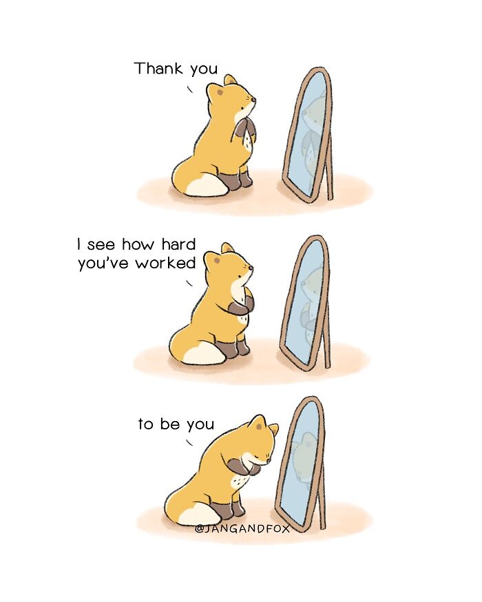 A wholesome comic of a fox looking at its reflection, expressing self-appreciation and gratitude, by Joanne Ang.