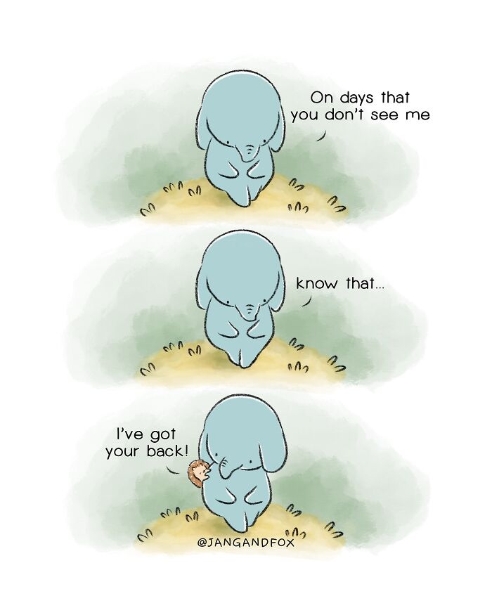 Wholesome comic by Joanne Ang featuring a blue creature promising support to a small hedgehog.