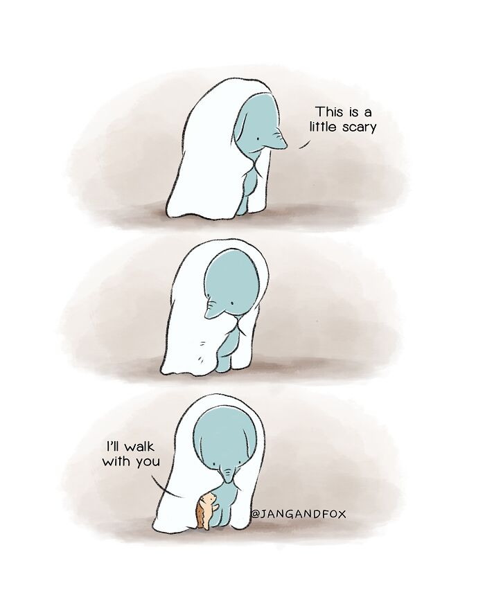 Wholesome comic by Joanne Ang showing a blue creature under a blanket with text: "This is a little scary," then comforted.