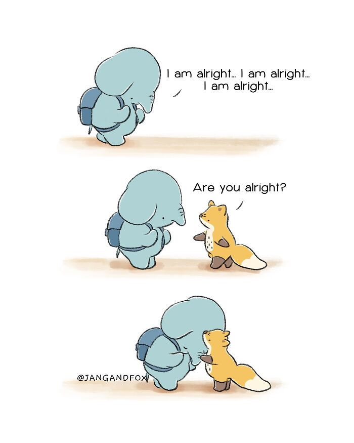 Wholesome comic by Joanne Ang featuring an elephant and a fox sharing a tender moment of concern and comfort.