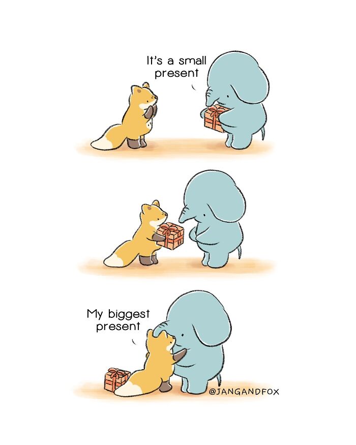 Wholesome comic by Joanne Ang: a fox and elephant share a tender moment with a small gift.